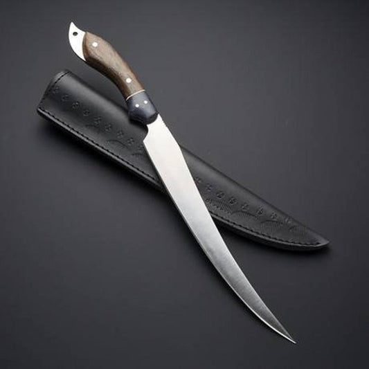 Custom handmade stainless steel fishing fillet knife with a 13-inch sharp-edge blade, rosewood and buffalo horn handle, and leather sheath