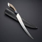Custom handmade stainless steel fishing fillet knife with a 13-inch sharp-edge blade, rosewood and buffalo horn handle, and leather sheath