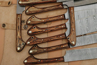 Damascus steel chef knife set with 8 to 13-inch blades and steel bolsters