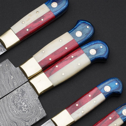 Handcrafted Damascus knife set with 8-inch to 13-inch blades, featuring elegant camel bone and pakkawood handles for superior grip and style
