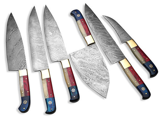 Handcrafted Damascus steel knife set with camel bone and pakkawood handles, showcasing varying blade lengths from 8" to 13