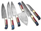 Handcrafted Damascus steel knife set with camel bone and pakkawood handles, showcasing varying blade lengths from 8" to 13