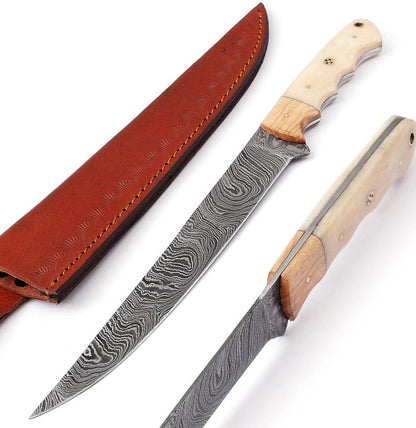 Handmade Damascus Fillet Knife with Leather Sheath, Ideal Gift Item.