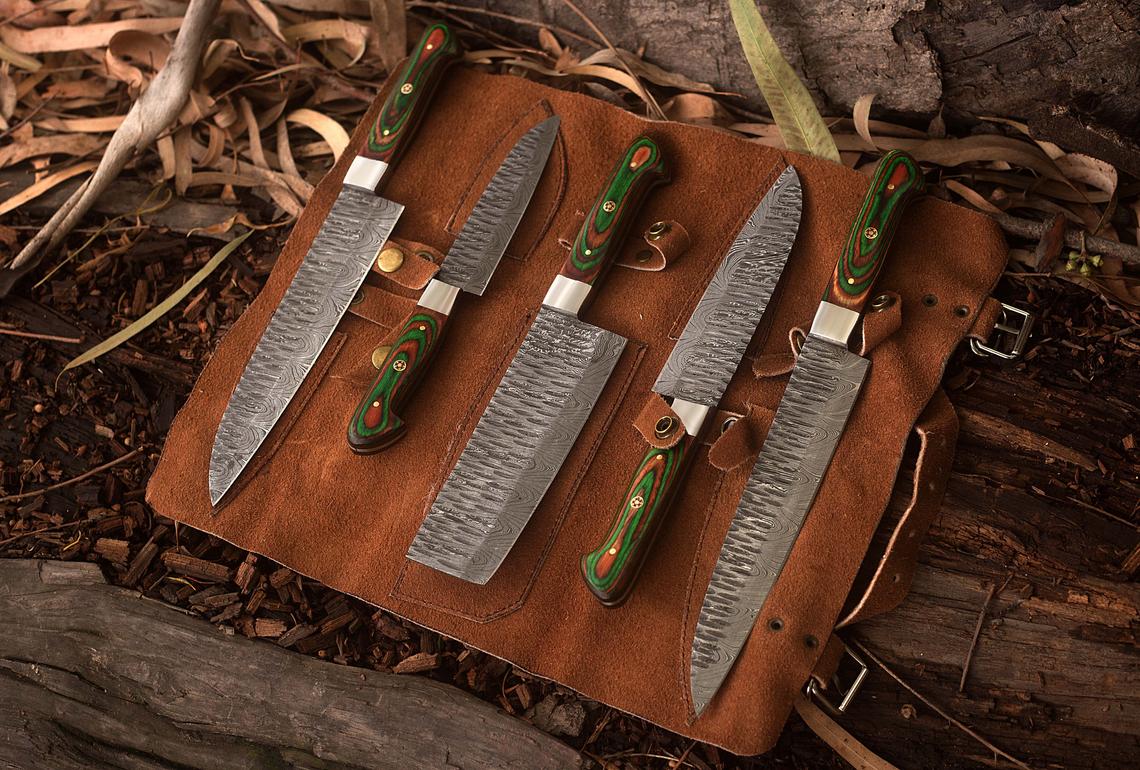 Handmade Damascus kitchen knife set with exotic wood handles and twisted steel bolsters, showcasing a unique design