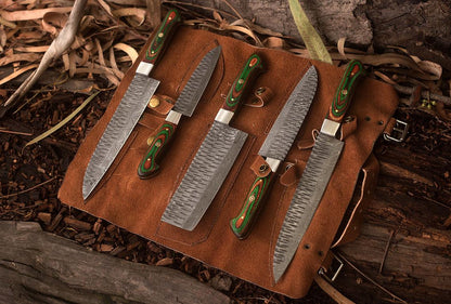 Handmade Damascus kitchen knife set with exotic wood handles and twisted steel bolsters, showcasing a unique design