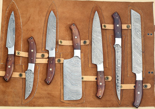 Custom Handmade Damascus Cooking Knife – 13” with Pakka Wood Handle, Steel Bolster & Leather Roll