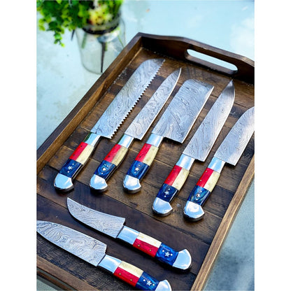 TEXAS FLAG HANDLE DAMASCUS KITCHEN KNIVES SET