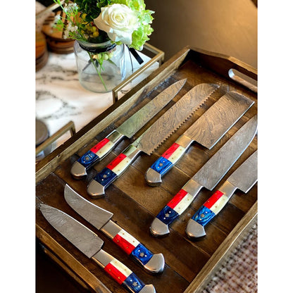 TEXAS FLAG HANDLE DAMASCUS KITCHEN KNIVES SET