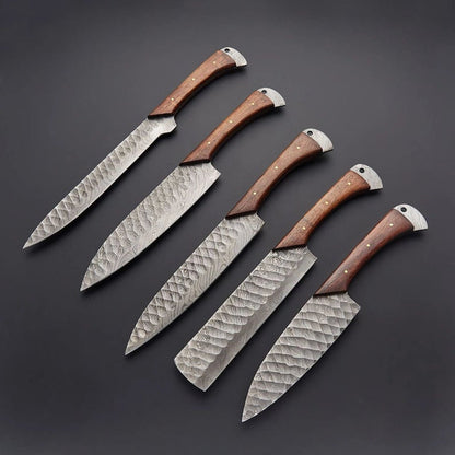 Custom Handmade Damascus Kitchen Knives Set with Rosewood Handles and Leather Roll Kit