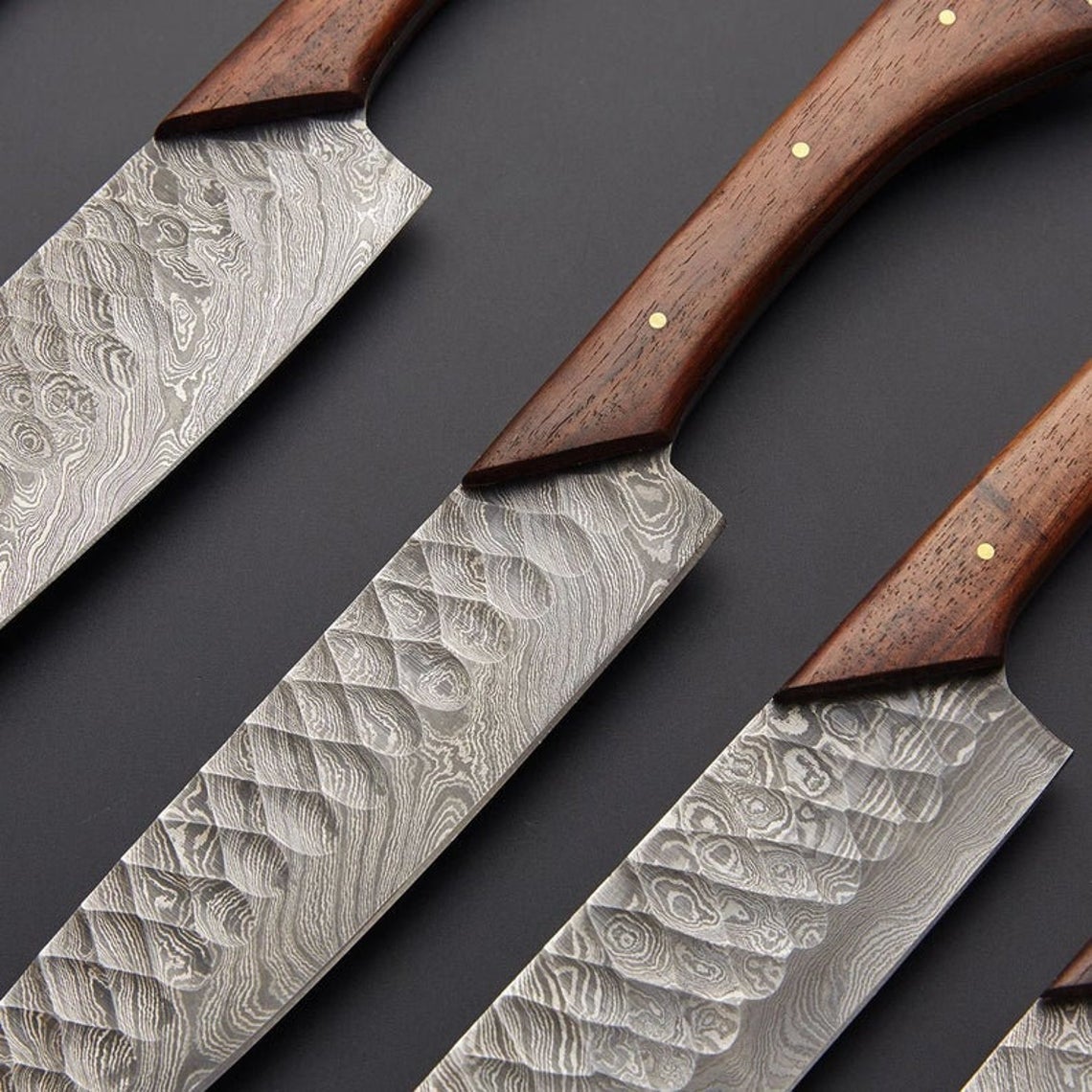 Custom Handmade Damascus Kitchen Knives Set with Rosewood Handles and Leather Roll Kit