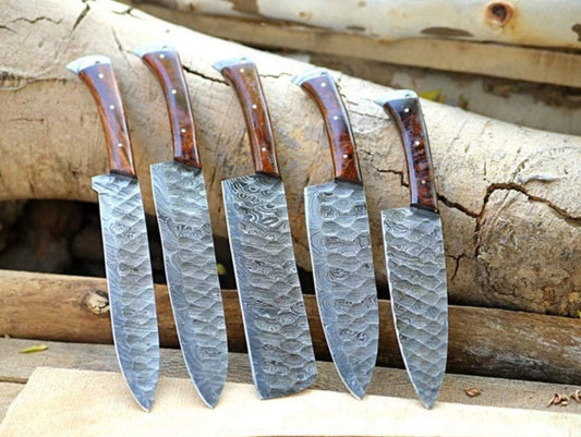 Custom Handmade Forged Damascus Steel Kitchen Chef Knife Set with Rosewood Handles and Leather Roll Kit