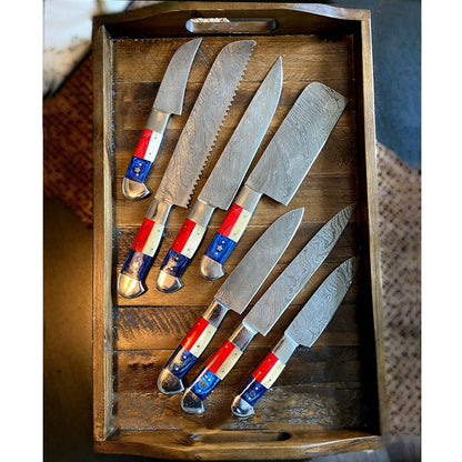 TEXAS FLAG HANDLE DAMASCUS KITCHEN KNIVES SET