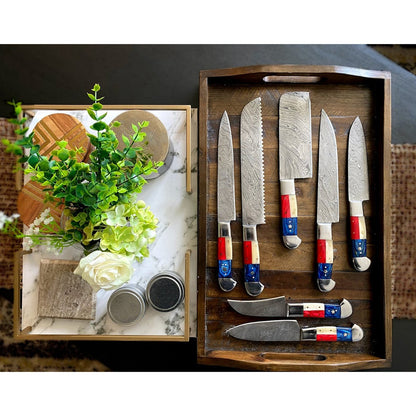 TEXAS FLAG HANDLE DAMASCUS KITCHEN KNIVES SET