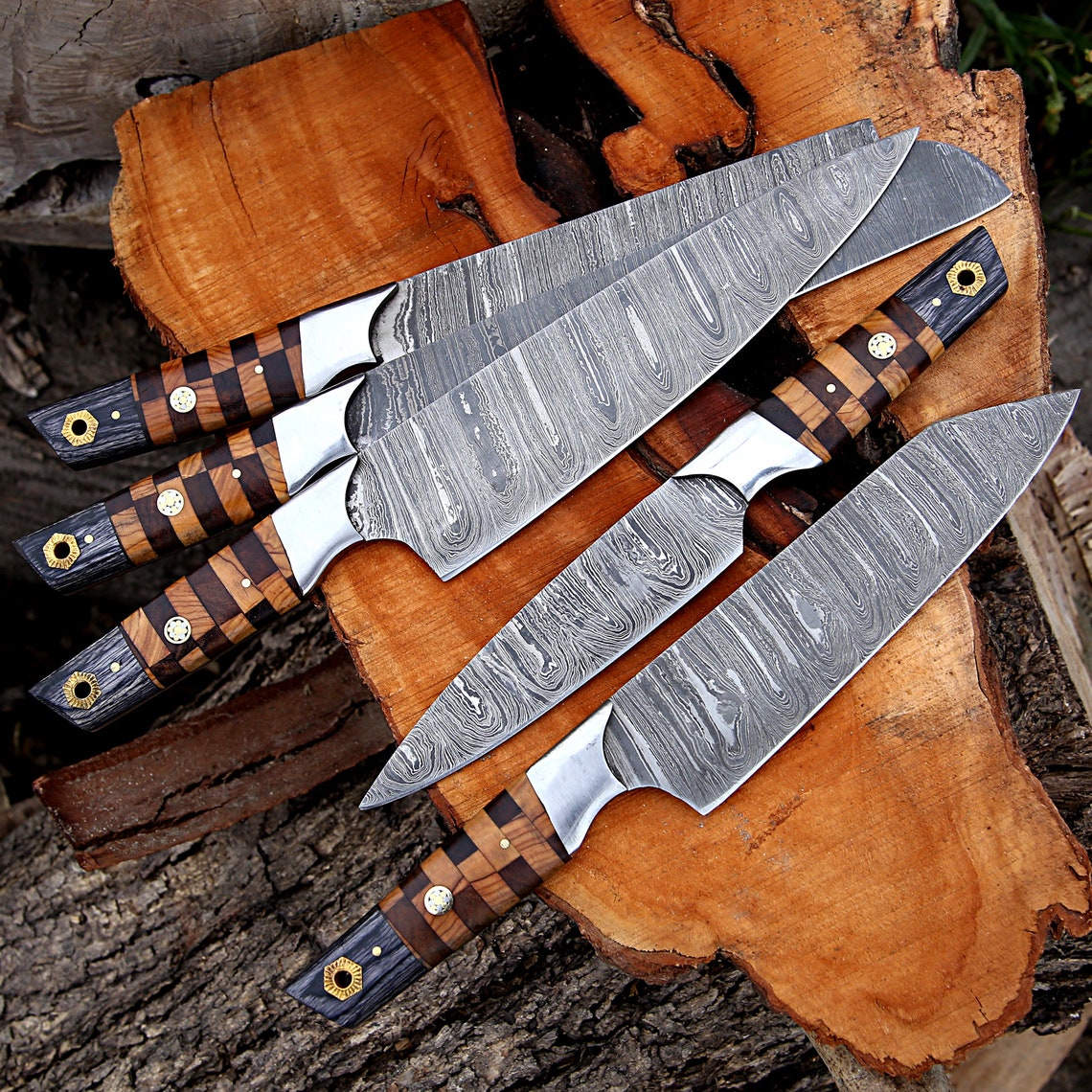  Elite Custom Handmade Forged Damascus Steel Chef Knife Set with Rosewood and Olive Wood Handles, Steel Bolster, and Leather Roll Kit