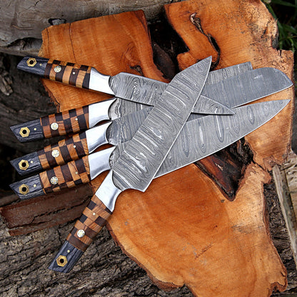  Elite Custom Handmade Forged Damascus Steel Chef Knife Set with Rosewood and Olive Wood Handles, Steel Bolster, and Leather Roll Kit