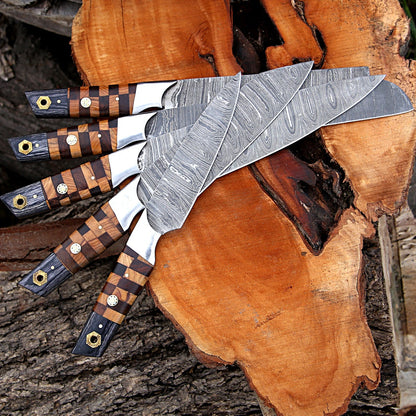  Elite Custom Handmade Forged Damascus Steel Chef Knife Set with Rosewood and Olive Wood Handles, Steel Bolster, and Leather Roll Kit