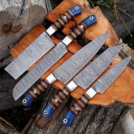 Custom Handmade Forged Damascus Steel Kitchen Chef Set with Rosewood and Olive Wood Handles, Steel Bolster, and Leather Roll Kit