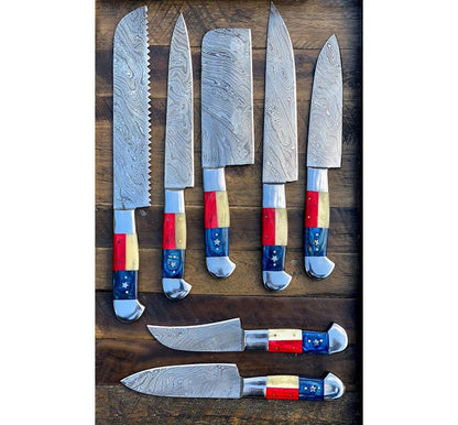 TEXAS FLAG HANDLE DAMASCUS KITCHEN KNIVES SET