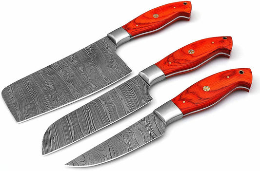Custom Handmade Damascus Kitchen Knives Set with 10 to 11 Inch Blades and Exotic Pakka Wood Handles